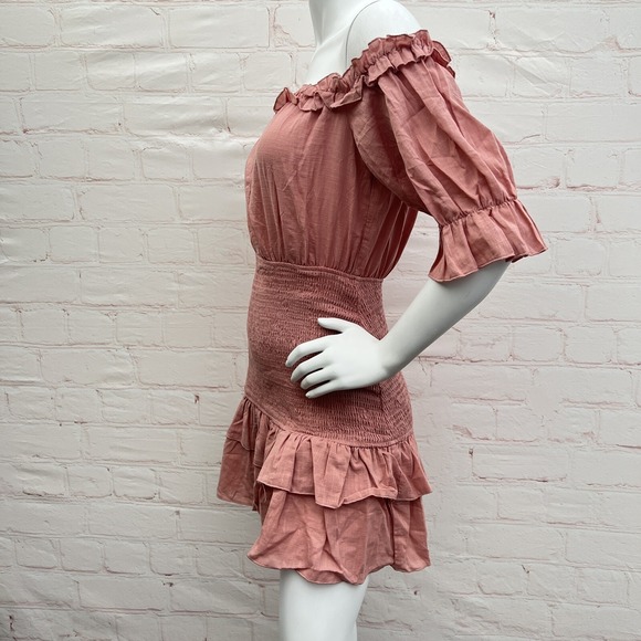 Simplee Women's shirred stretchy body, Bell sleeve Dusty Pink dress Size M - Picture 5 of 14